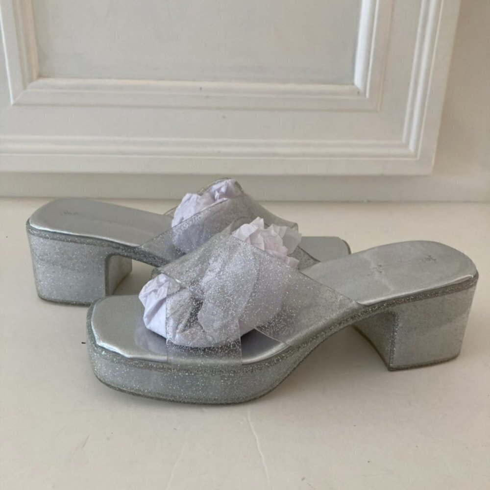 Jeffrey Campbell Silver Glitter Platform Slide Sandals